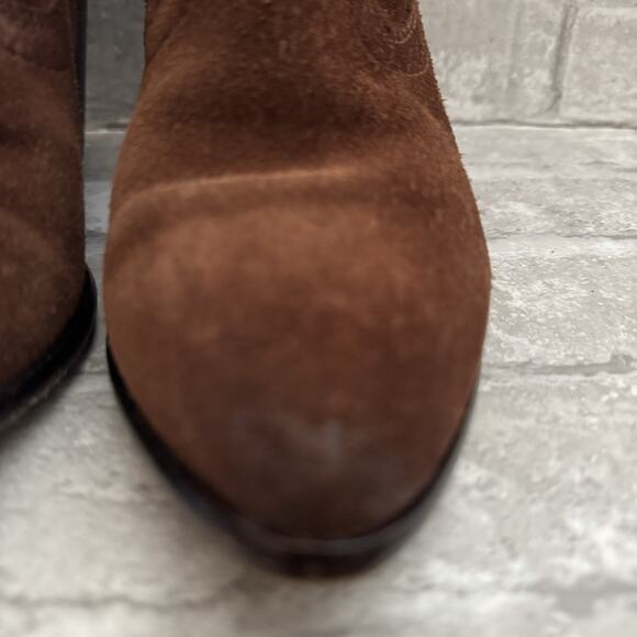 Frye Brown Suede Ankle Boots Cowboy Heeled Pointed Toe Zip Used Women's Size 6.5 - Picture 7 of 16